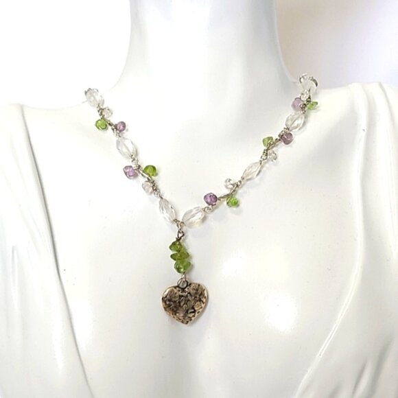 Vintage Sterling Silver Engraved Heart Purple Green Crystal Beaded Necklace - Picture 9 of 9